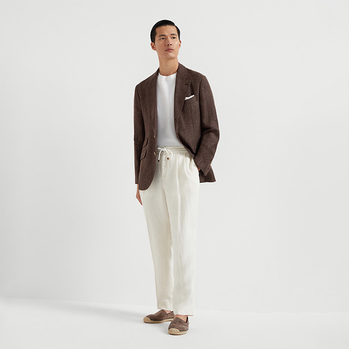 brunello cucinelli drawstring waist linen trousers